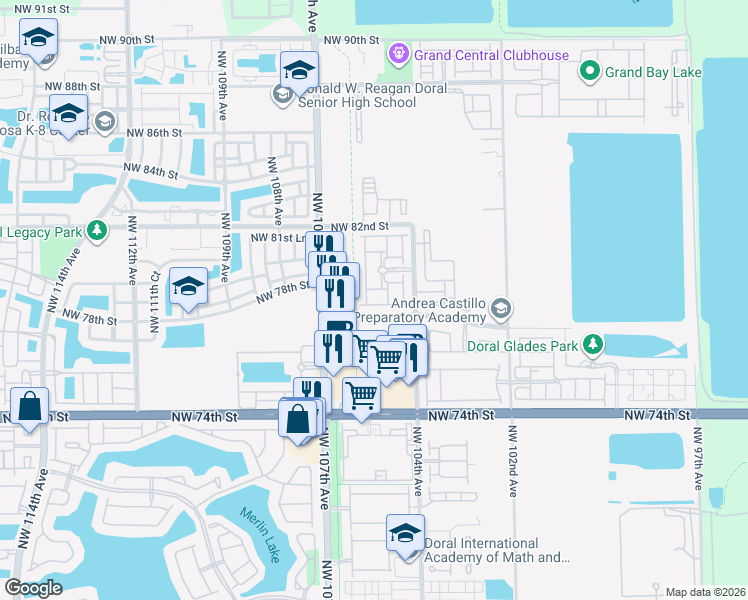 map of restaurants, bars, coffee shops, grocery stores, and more near 10559 Northwest 78th Terrace in Doral