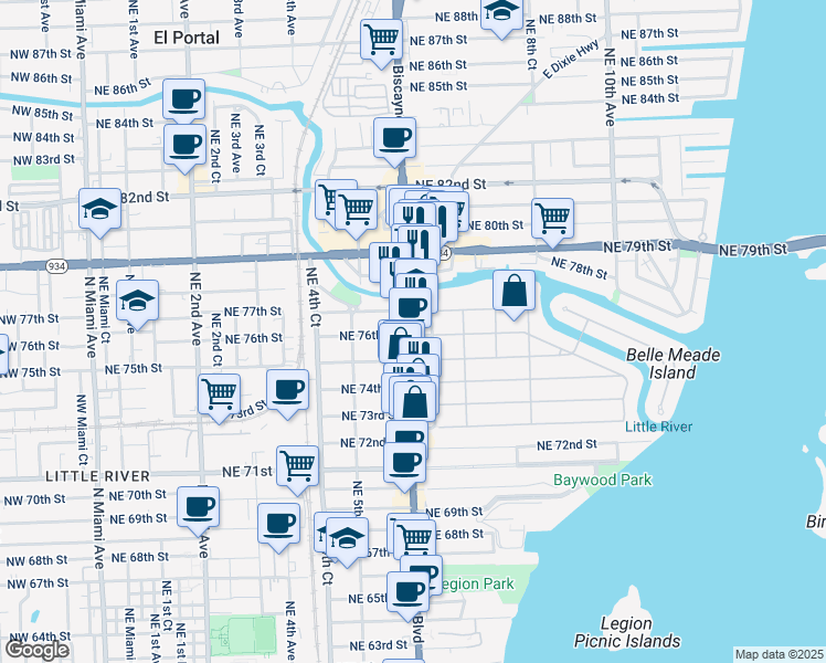 map of restaurants, bars, coffee shops, grocery stores, and more near 617 Northeast 76th Street in Miami