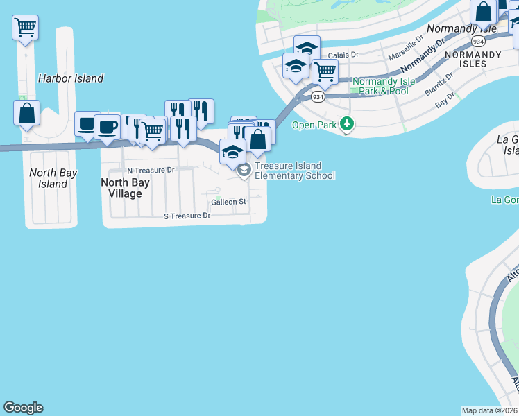 map of restaurants, bars, coffee shops, grocery stores, and more near 7501 East Treasure Drive in North Bay Village