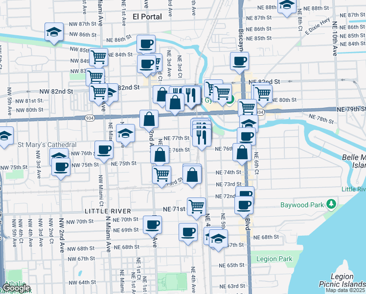 map of restaurants, bars, coffee shops, grocery stores, and more near 353 Northeast 76th Street in Miami