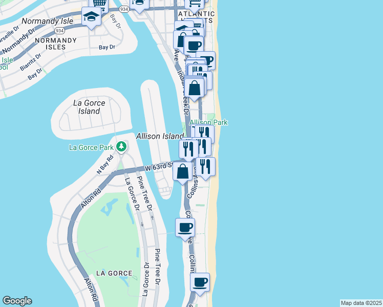 map of restaurants, bars, coffee shops, grocery stores, and more near in Miami Beach