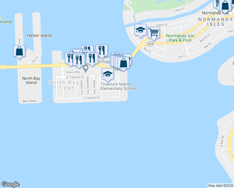 map of restaurants, bars, coffee shops, grocery stores, and more near 7504 East Treasure Drive in North Bay Village