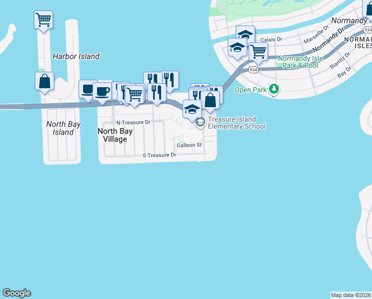 map of restaurants, bars, coffee shops, grocery stores, and more near 1801 South Treasure Drive in North Bay Village