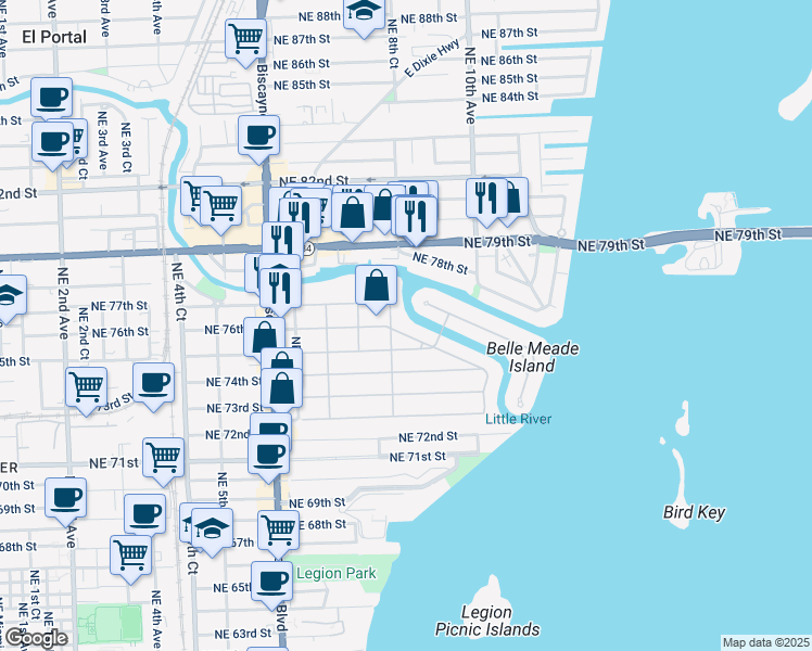 map of restaurants, bars, coffee shops, grocery stores, and more near 813 Northeast 76th Street in Miami