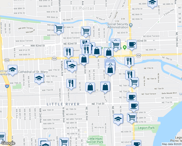 map of restaurants, bars, coffee shops, grocery stores, and more near 259 Northeast 76th Street in Miami