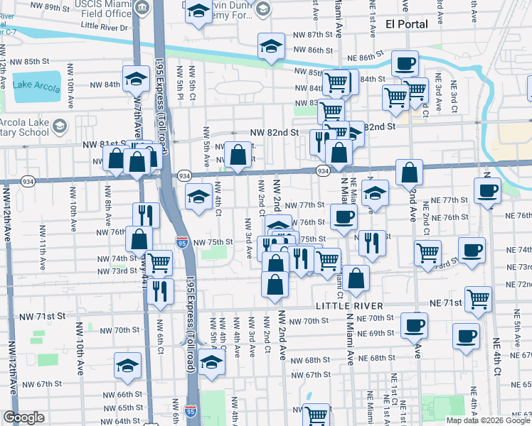 map of restaurants, bars, coffee shops, grocery stores, and more near 7636 Northwest 2nd Court in Miami