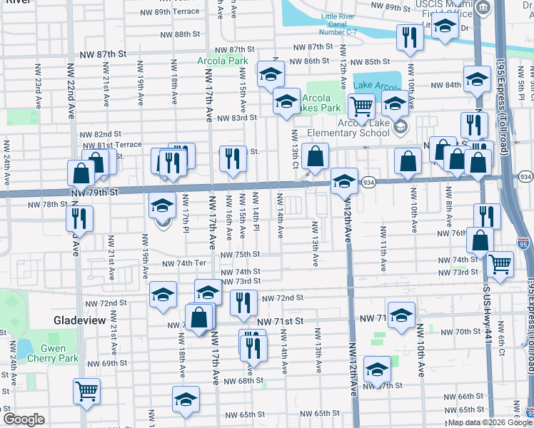 map of restaurants, bars, coffee shops, grocery stores, and more near 7700 Northwest 14th Avenue in Miami