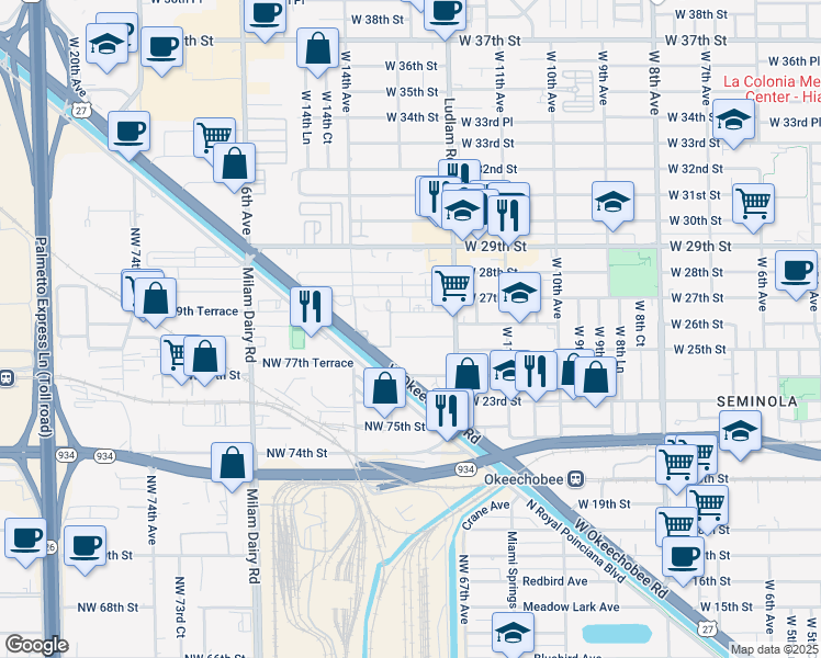 map of restaurants, bars, coffee shops, grocery stores, and more near 1315 West 25th Place in Hialeah