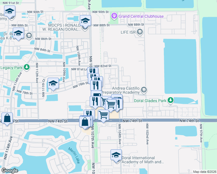 map of restaurants, bars, coffee shops, grocery stores, and more near 10569 Northwest 78th Terrace in Doral