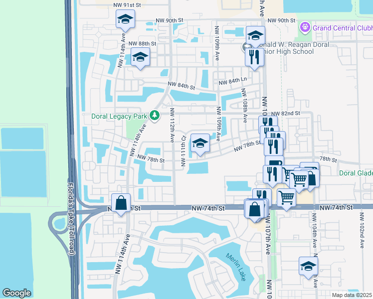 map of restaurants, bars, coffee shops, grocery stores, and more near 7883 Northwest 111th Court in Doral