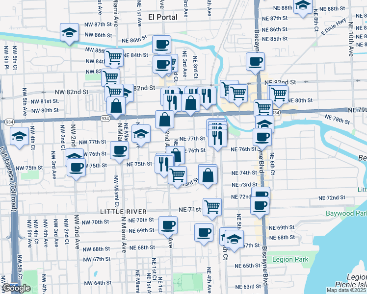 map of restaurants, bars, coffee shops, grocery stores, and more near 259 Northeast 76th Street in Miami