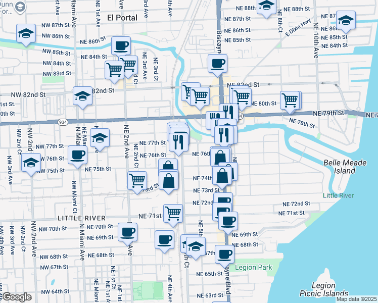 map of restaurants, bars, coffee shops, grocery stores, and more near 461 Northeast 76th Street in Miami