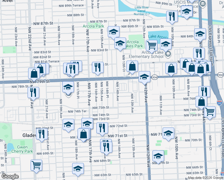 map of restaurants, bars, coffee shops, grocery stores, and more near 7700 Northwest 14th Avenue in Miami