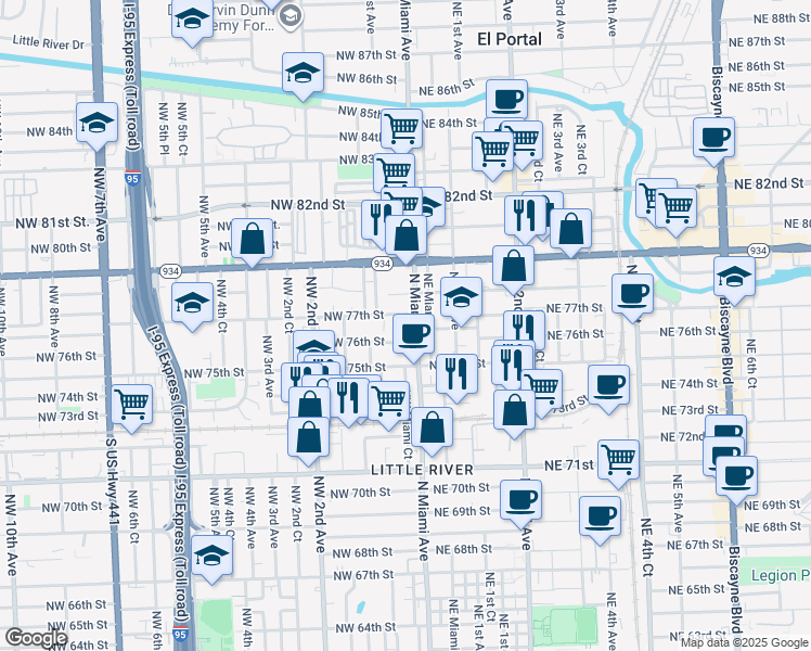 map of restaurants, bars, coffee shops, grocery stores, and more near 7632 North Miami Avenue in Miami