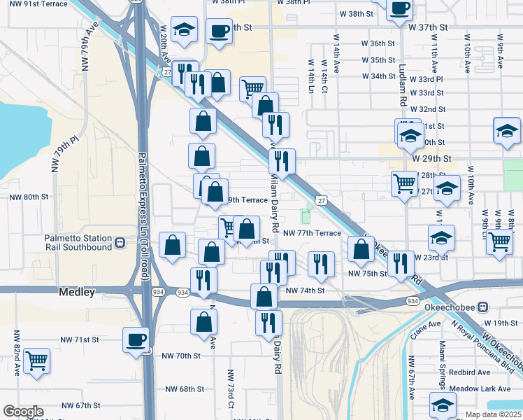 map of restaurants, bars, coffee shops, grocery stores, and more near 7203 Northwest 78th Terrace in Medley