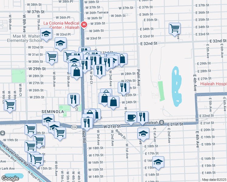 map of restaurants, bars, coffee shops, grocery stores, and more near 2575 West 2nd Avenue in Hialeah