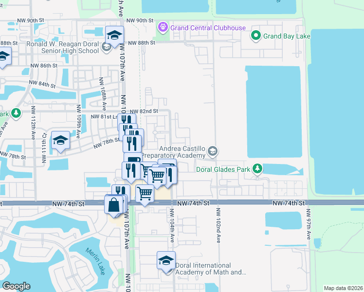 map of restaurants, bars, coffee shops, grocery stores, and more near 7855 Northwest 104th Avenue in Doral