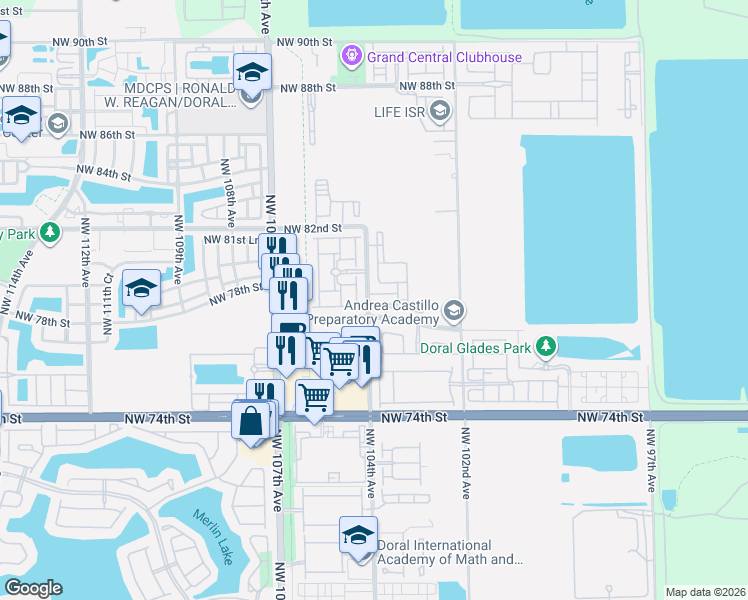 map of restaurants, bars, coffee shops, grocery stores, and more near 7855 Northwest 104th Avenue in Doral