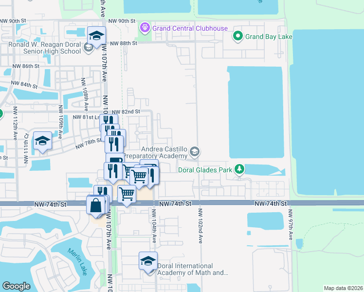 map of restaurants, bars, coffee shops, grocery stores, and more near 7825 Northwest 104th Avenue in Doral