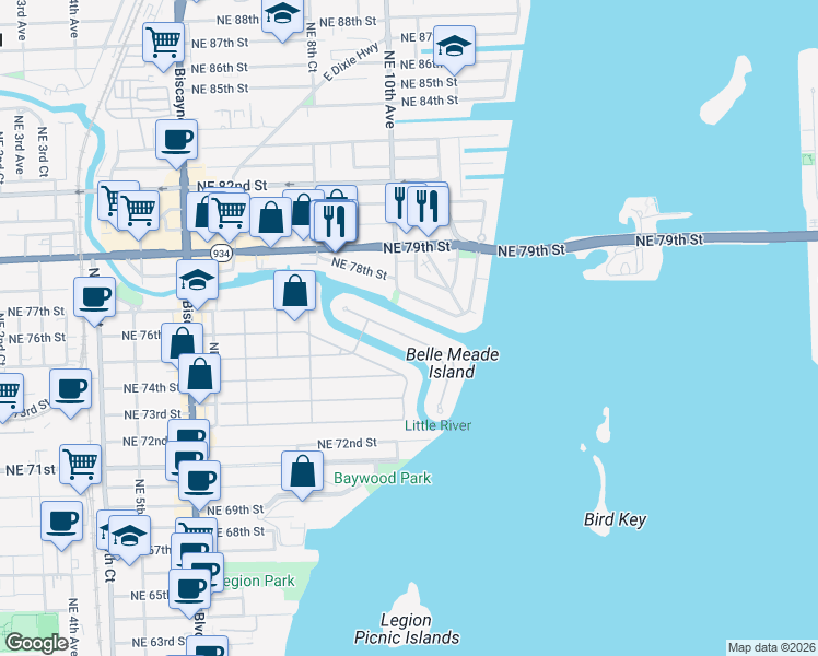 map of restaurants, bars, coffee shops, grocery stores, and more near 940 Belle Meade Island Drive in Miami
