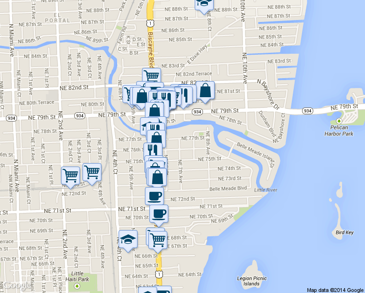 map of restaurants, bars, coffee shops, grocery stores, and more near 695 Northeast 76th Street in Miami