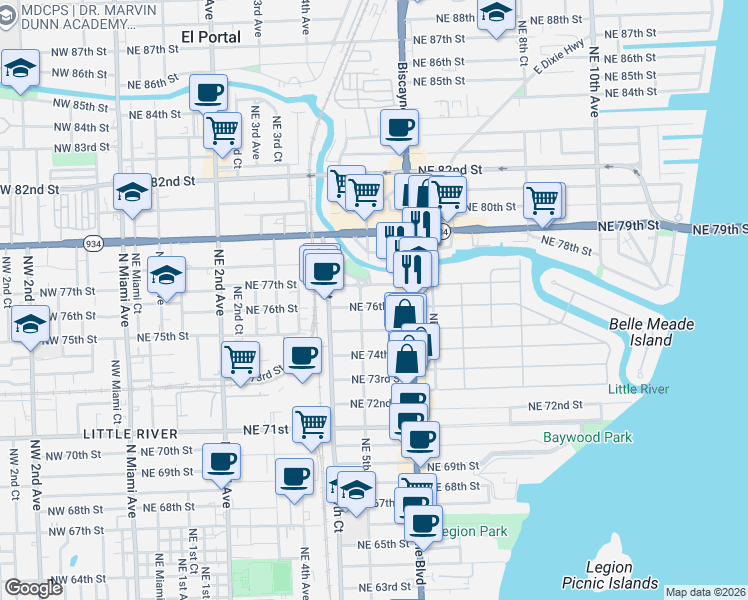 map of restaurants, bars, coffee shops, grocery stores, and more near 563 Northeast 76th Street in Miami