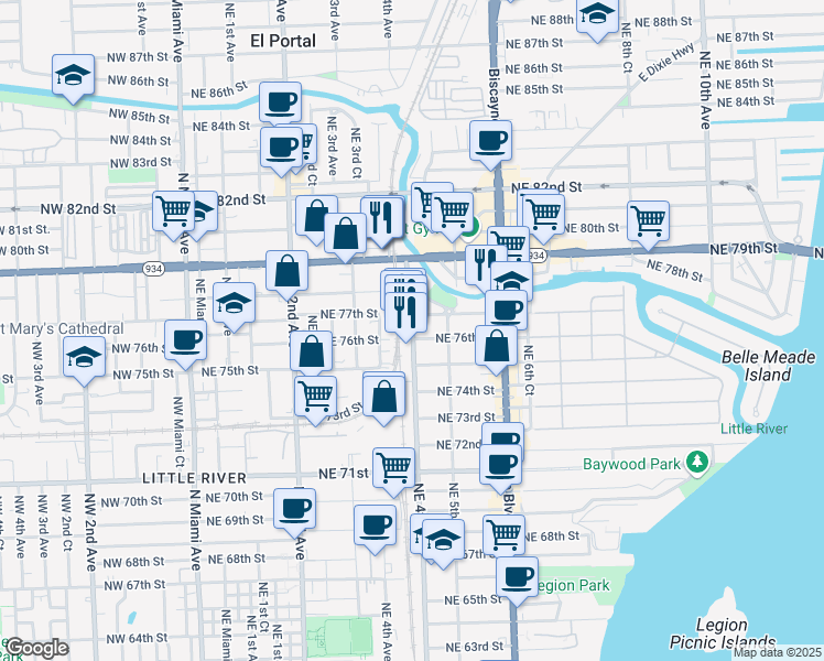 map of restaurants, bars, coffee shops, grocery stores, and more near 7600 Northeast 4th Court in Miami