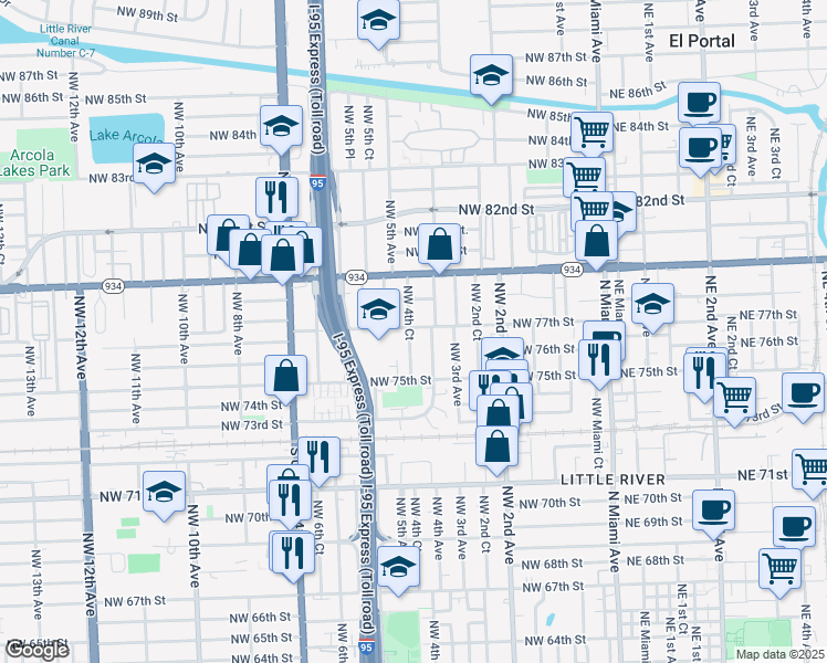 map of restaurants, bars, coffee shops, grocery stores, and more near 470 Northwest 77th Street in Miami