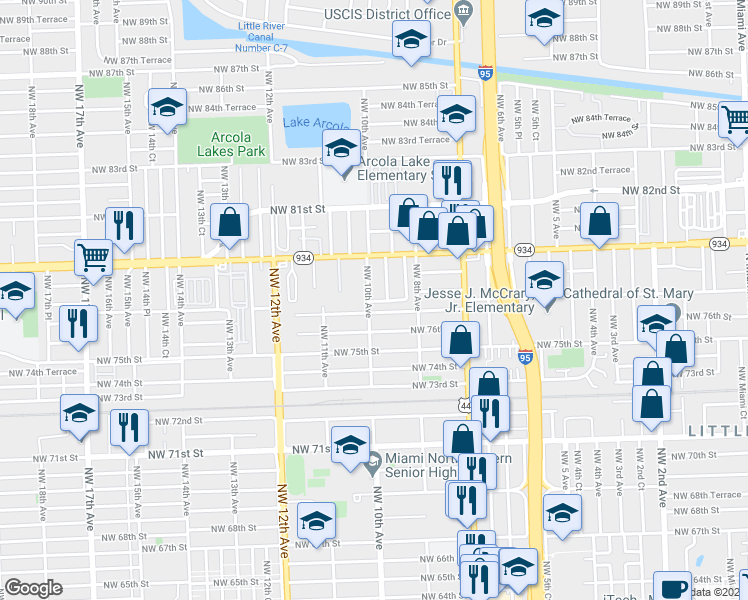 map of restaurants, bars, coffee shops, grocery stores, and more near 867 Northwest 77th Street in Miami