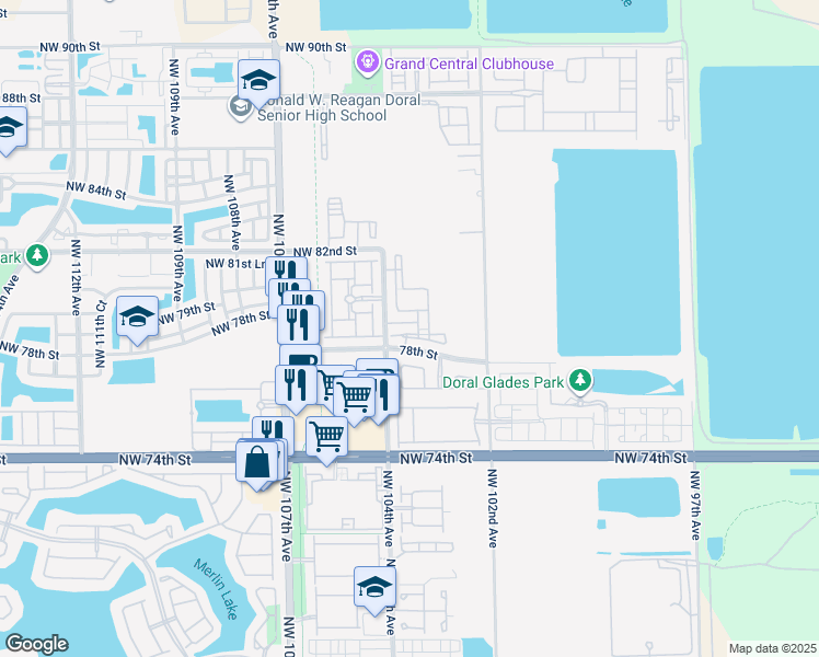 map of restaurants, bars, coffee shops, grocery stores, and more near 7855 Northwest 104th Avenue in Doral