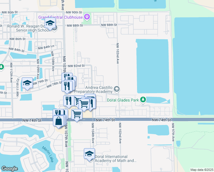 map of restaurants, bars, coffee shops, grocery stores, and more near 7825 Northwest 104th Avenue in Doral