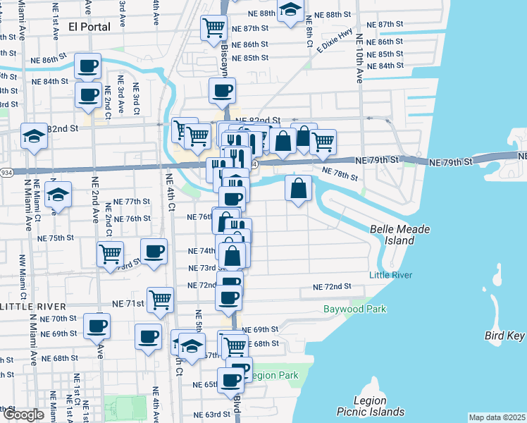 map of restaurants, bars, coffee shops, grocery stores, and more near 7600 Northeast 7th Avenue in Miami