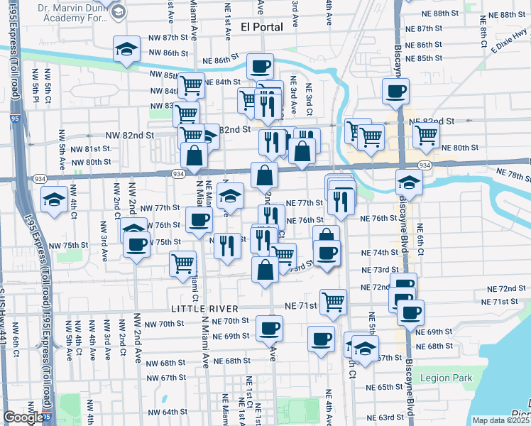 map of restaurants, bars, coffee shops, grocery stores, and more near 7618 Northeast 2nd Avenue in Miami
