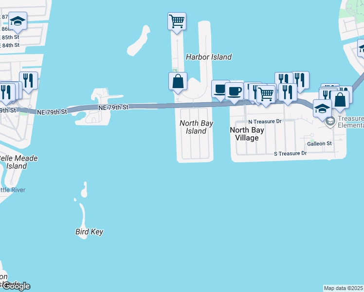 map of restaurants, bars, coffee shops, grocery stores, and more near 7430 Miami View Drive in North Bay Village