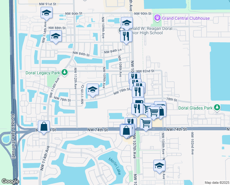map of restaurants, bars, coffee shops, grocery stores, and more near 7800 Northwest 78th Street in Doral