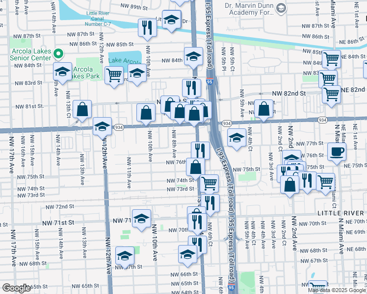 map of restaurants, bars, coffee shops, grocery stores, and more near 781 Northwest 77th Street in Miami