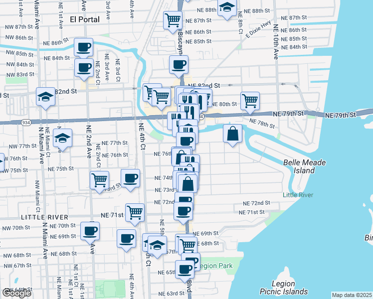 map of restaurants, bars, coffee shops, grocery stores, and more near 617 Northeast 76th Street in Miami