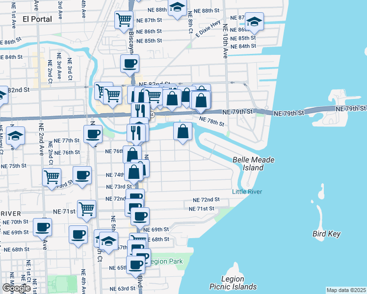 map of restaurants, bars, coffee shops, grocery stores, and more near 750 Northeast 76th Street in Miami