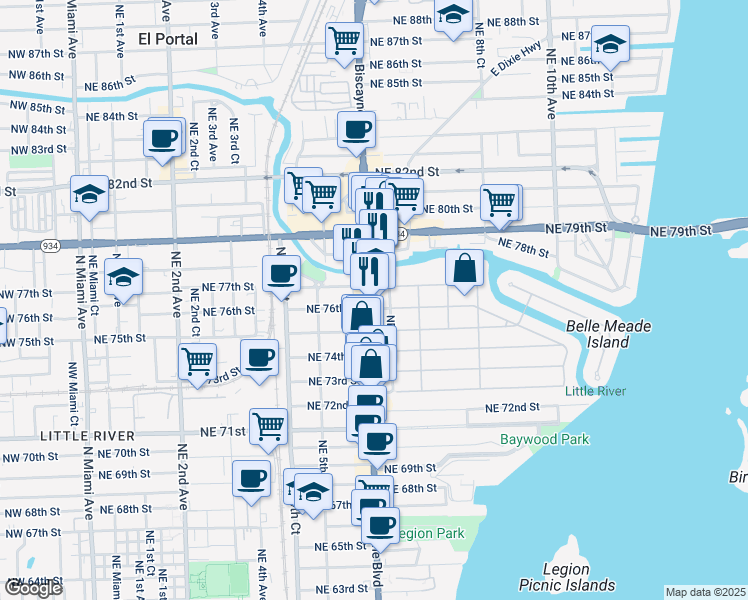 map of restaurants, bars, coffee shops, grocery stores, and more near 617 Northeast 76th Street in Miami