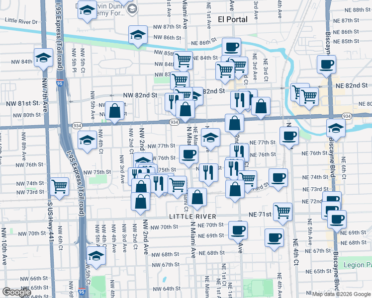 map of restaurants, bars, coffee shops, grocery stores, and more near 7618 North Miami Avenue in Miami
