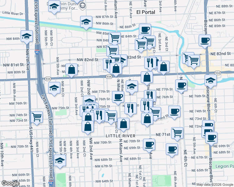 map of restaurants, bars, coffee shops, grocery stores, and more near 7638 North Miami Avenue in Miami