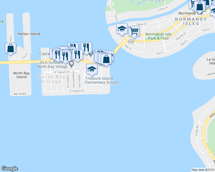 map of restaurants, bars, coffee shops, grocery stores, and more near 7501 East Treasure Drive in North Bay Village