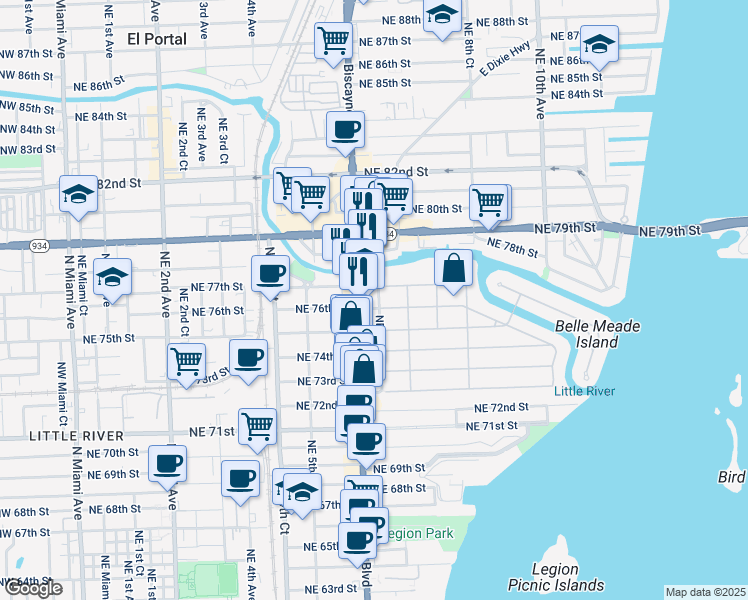 map of restaurants, bars, coffee shops, grocery stores, and more near 617 Northeast 76th Street in Miami