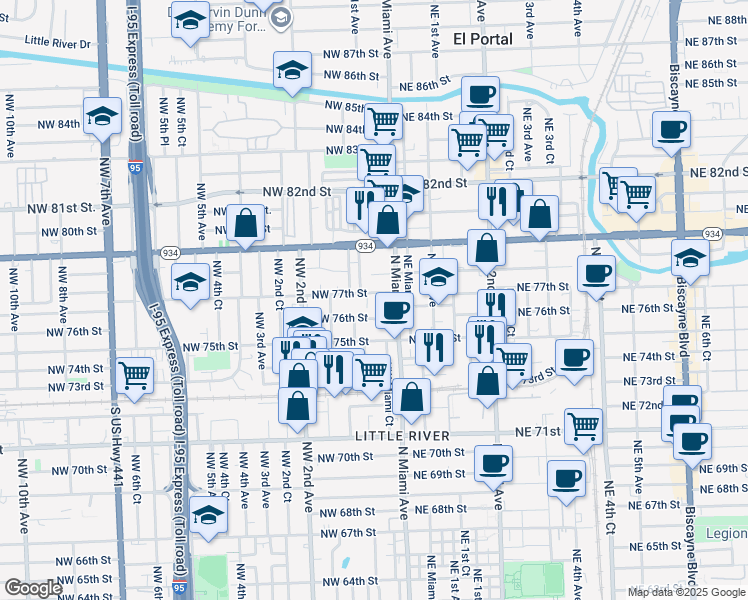 map of restaurants, bars, coffee shops, grocery stores, and more near 7618 North Miami Avenue in Miami