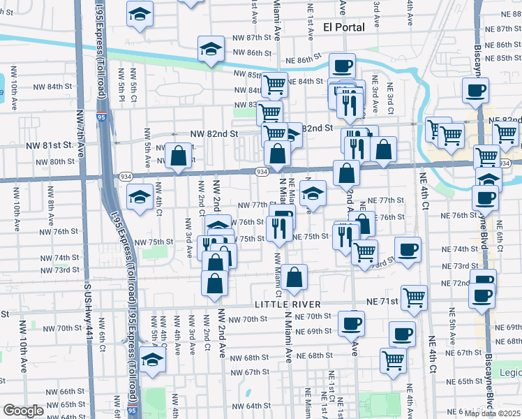 map of restaurants, bars, coffee shops, grocery stores, and more near 7618 North Miami Avenue in Miami