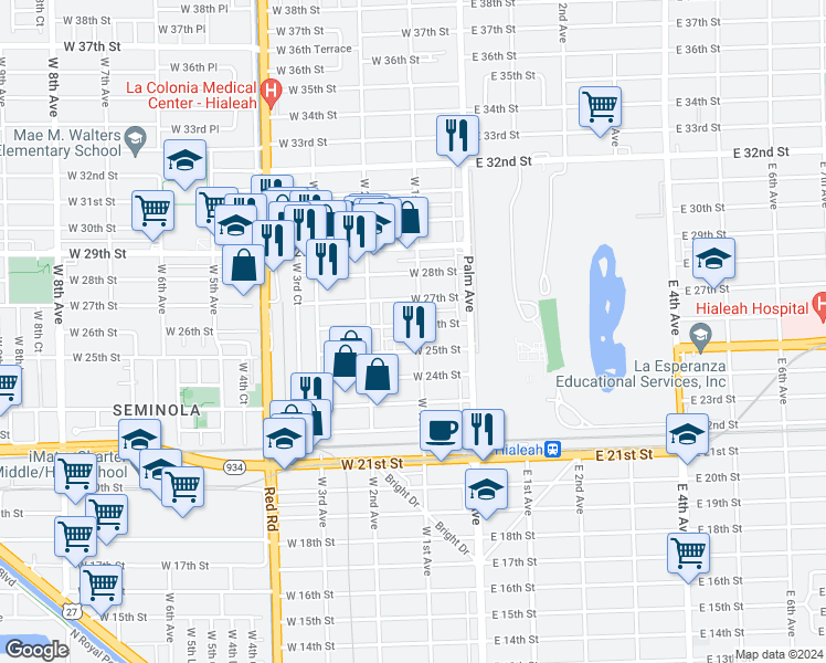 map of restaurants, bars, coffee shops, grocery stores, and more near 111 West 25th Street in Hialeah