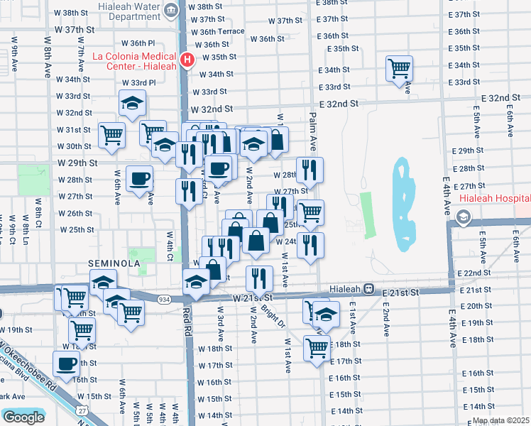 map of restaurants, bars, coffee shops, grocery stores, and more near 2575 West 2nd Avenue in Hialeah