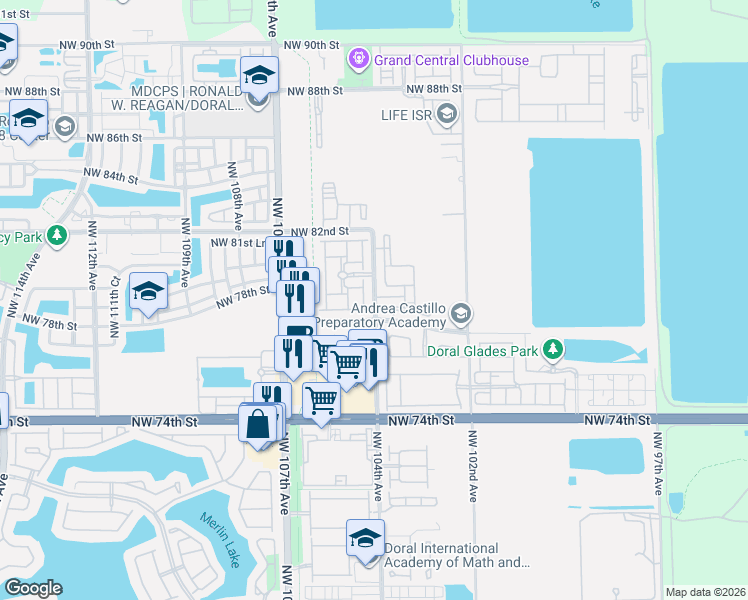 map of restaurants, bars, coffee shops, grocery stores, and more near 7814 Northwest 104th Court in Doral