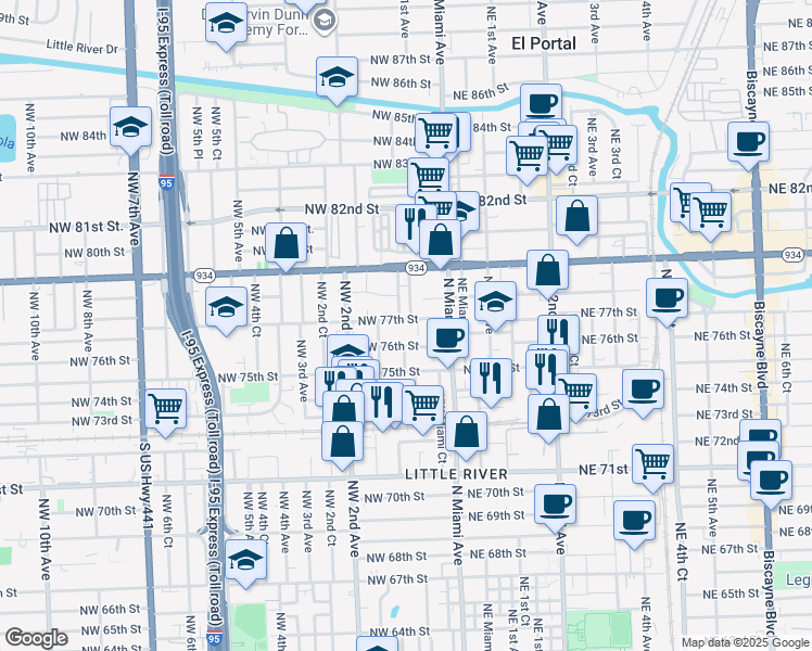 map of restaurants, bars, coffee shops, grocery stores, and more near 70 Northwest 77th Street in Miami