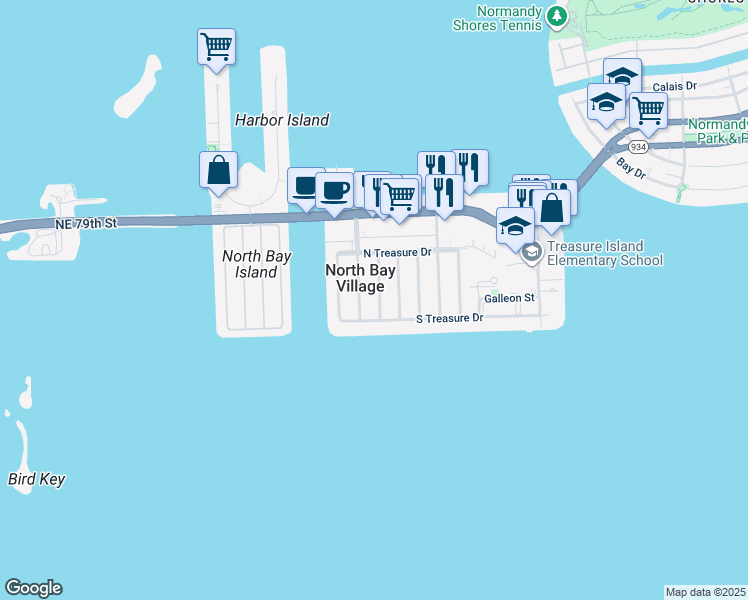 map of restaurants, bars, coffee shops, grocery stores, and more near 7508 Adventure Avenue in North Bay Village